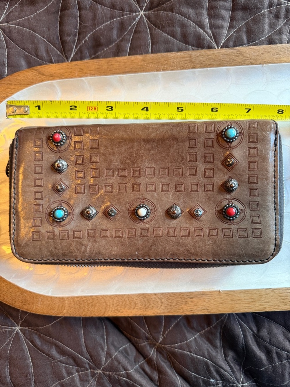 Campomaggi Brown Leather Zip Wallet with Stud and Turquoise/Red Accents - Picture 3 of 5